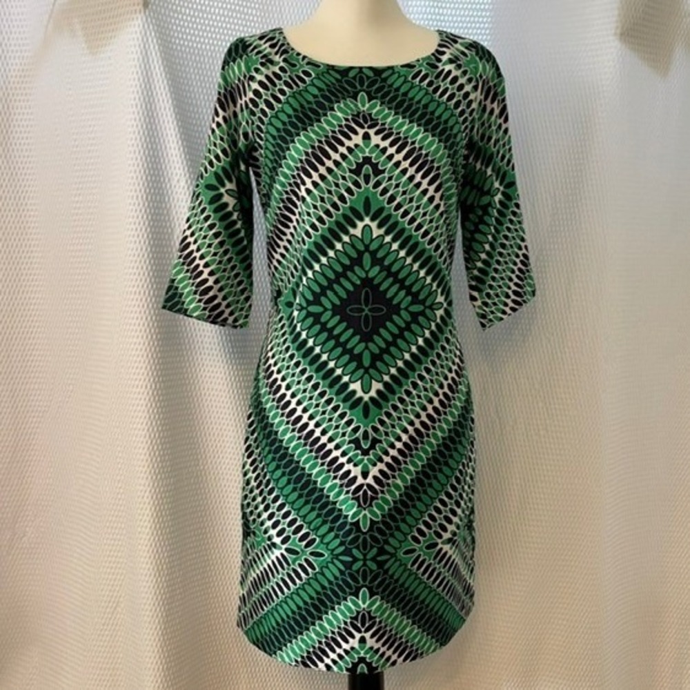 Banana Republic Green Geometric Diamond Print Sheath Dress Size 2 Elbow Sleeve
